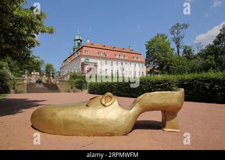 Skulptur goldener Damenschuh aus dem Märchen, Cinderella, Gold, Schuh, übergroß, barockgarten, Schloss, Lichtenwalde, Niederwiesa, Sachsen Stockfoto