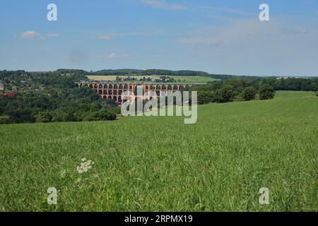 Blick auf die historische Goeltzschtalbrücke mit Ziegeln, Ziegeln, Viadukt, Eisenbahnbrücke, Bogenbrücke, Landschaft, Tal, Mylau, Netzschkau, Reichenbach Stockfoto