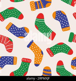 Flaches nahtloses Muster für Weihnachtssocken mit Vektor. Lustiges Neujahr, Textur im Winterurlaub. Weihnachts-Geschenkpapier, Tapetendesign Stock Vektor