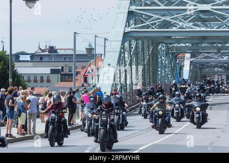 Harley Days Dresden, große Fahrt durch die Stadt, hier an der Elbbrücke Blaues Wunder Stockfoto