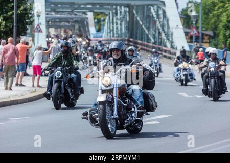 Harley Days Dresden, große Fahrt durch die Stadt, hier an der Elbbrücke Blaues Wunder Stockfoto