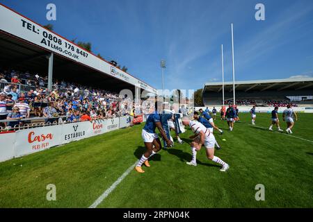 Wakefield, England - 3. September 2023 Allgemeine Ansicht Aufwärmen. Rugby League Betfred Super League , Wakefield Trinity vs St. Helens im Be Well Support Stadium, Wakefield, Großbritannien Stockfoto