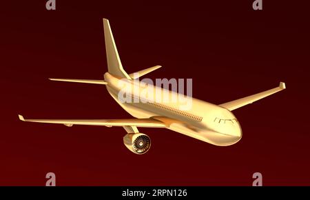 Goldenes Flugzeug isoliert auf schwarzem Hintergrund. Teures Reisekonzept. 3d-Rendering. Stockfoto