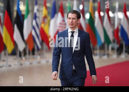 200220 -- BRÜSSEL, 20. Februar 2020 -- der österreichische Bundeskanzler Sebastian kurz trifft am 20. Februar 2020 zu einer Sondersitzung des Europäischen Rates am EU-Hauptsitz in Brüssel, Belgien, ein. Die Staats- und Regierungschefs werden bestrebt sein, sich auf den langfristigen Haushaltsplan der EU für den Zeitraum 2021-2027, den mehrjährigen MFR, zu einigen. EU-BRÜSSEL-SONDERTAGUNG-FINANZEN-HAUSHALT ZHENGXHUANSONG PUBLICATIONXNOTXINXCHN Stockfoto