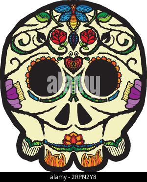 Skull Artwork verbindet japanischen Cartoon-Stil mit traditionellem mexikanischen Dia de Muertos Stock Vektor