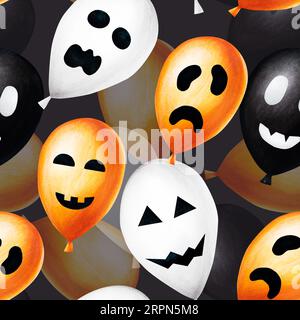 Wasserfarbenes nahtloses Halloween-Muster mit Ballons Illustration mit gruseligen Gesichtern. Mit der Hand gemalt, dass die Skizze des orangefarbenen, schwarzen und weißen Ballons isoliert auf Weiß ist Stockfoto