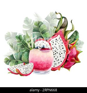 Drachenfrüchte, sommerrosa Cocktail-Limonade mit pitaya-Scheiben und grünen Palmblättern Aquarellillustration Stockfoto