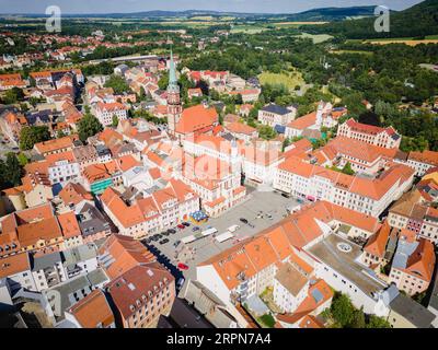 Blick aus der Vogelperspektive auf das Stadtzentrum von Loebau. Loebau ist eine große Kreisstadt im Landkreis Goerlitz in der Oberlausitz in Sachsen Stockfoto