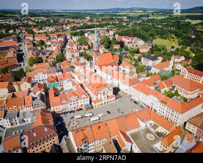 Blick aus der Vogelperspektive auf das Stadtzentrum von Loebau. Loebau ist eine große Kreisstadt im Landkreis Goerlitz in der Oberlausitz in Sachsen Stockfoto