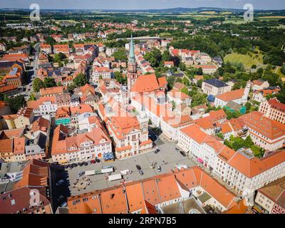 Blick aus der Vogelperspektive auf das Stadtzentrum von Loebau. Loebau ist eine große Kreisstadt im Landkreis Goerlitz in der Oberlausitz in Sachsen Stockfoto