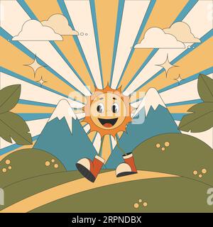 Grooviges Retro-Poster, Sonne, niedlicher Charakter, der in der Natur spaziert. Vektor-Illustration Poster im Retro-Hippie-Stil der 1970er Jahre Stock Vektor