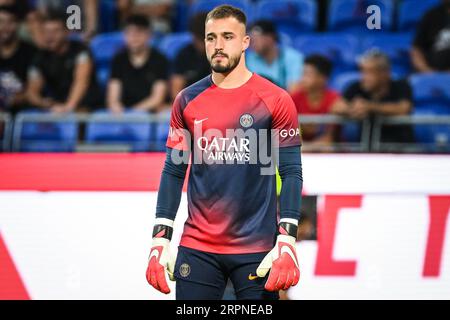 Decines-Charpieu, Frankreich, Frankreich. September 2023. Arnau TENAS der PSG während des Ligue-1-Spiels zwischen Olympique Lyonnais (OL) und Paris Saint-Germain (PSG) im Groupama-Stadion am 03. September 2023 in Decines-Charpieu bei Lyon, Frankreich. (Bild: © Matthieu Mirville/ZUMA Press Wire) NUR REDAKTIONELLE VERWENDUNG! Nicht für kommerzielle ZWECKE! Stockfoto