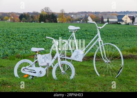 Geisterfahrrad auf einer Straße in Rossau. Die Idee, die ihren Ursprung in den USA hatte, weiß gestrichene Fahrräder als Gedenkstätten für die in ihnen getöteten Radfahrer zu errichten Stockfoto