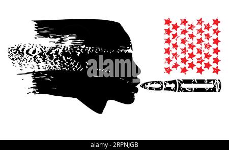 Schwarzes T-Shirt mit Frauenprofil, Kugel und roten Sternen. Vektor-Illustration über die Schrecken des Krieges und des schwarzen Geschichtsmonats. Stock Vektor