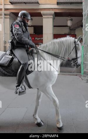 Polizistin zu Pferd, die Menschen auf dem Weg zum Platz Puerta del Sol in Madrid beobachtet und hilft. Stockfoto