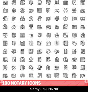 100 Notarsymbole eingestellt. Umrisszeichnung des Vektorsatzes von 100 Notarsymbolen, isoliert auf weißem Hintergrund Stock Vektor