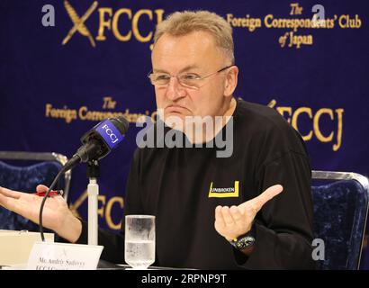 Tokio, Japan. September 2023. Der ukrainische Bürgermeister Andriy Sadovyy erklärt die Lage in der Ukraine auf einer Pressekonferenz im japanischen Club der Auswärtigen Korrespondenten in Tokio am Dienstag, den 5. September 2023. (Foto: Yoshio Tsunoda/AFLO) Stockfoto