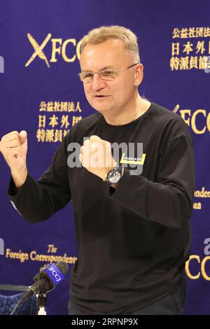 Tokio, Japan. September 2023. Der ukrainische Bürgermeister Andriy Sadovyy erklärt die Lage in der Ukraine auf einer Pressekonferenz im japanischen Club der Auswärtigen Korrespondenten in Tokio am Dienstag, den 5. September 2023. (Foto: Yoshio Tsunoda/AFLO) Stockfoto