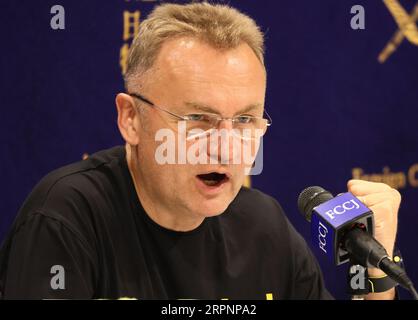 Tokio, Japan. September 2023. Der ukrainische Bürgermeister Andriy Sadovyy erklärt die Lage in der Ukraine auf einer Pressekonferenz im japanischen Club der Auswärtigen Korrespondenten in Tokio am Dienstag, den 5. September 2023. (Foto: Yoshio Tsunoda/AFLO) Stockfoto