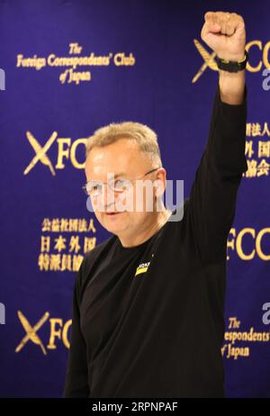 Tokio, Japan. September 2023. Der ukrainische Bürgermeister Andriy Sadovyy erklärt die Lage in der Ukraine auf einer Pressekonferenz im japanischen Club der Auswärtigen Korrespondenten in Tokio am Dienstag, den 5. September 2023. (Foto: Yoshio Tsunoda/AFLO) Stockfoto