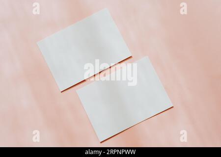 Flache Lage von zwei leeren Karten auf ästhetischem pastellrosa Hintergrund mit Sonnenlicht und Schatten. Draufsicht. Formulare für Unternehmen, Werbung. Leeren Raum Stockfoto