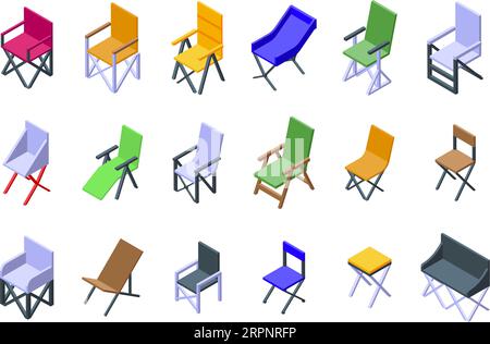 Symbole für Campingstühle setzen isometrischen Vektor. Sitzmöbel. Das Camp ist frei Stock Vektor