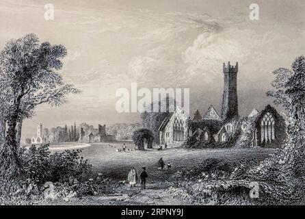 Augustinerabtei, Adare-Kloster. Schloss Fitzgeralds, Nikolaikirche. Limerick, Irland Stahlstich aus den Landschaften und Antiquitäten Irlands von Bartlett, W. H. (William Henry), 1809-1854, Illustrator.Band 2. London: George Virtue 1842 William Henry Bartlett (26. März 1809 – 13. September 1854) war ein britischer Künstler, der vor allem für seine zahlreichen Zeichnungen bekannt war, die in Stahlstiche geritzt wurden. Stockfoto