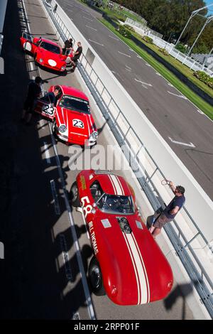 Bill Thomas’s Cheetah Shelby Cobra & Porsche 911 aus den 1960er Jahren in der Boxengasse bei einem Testtag für Revival auf der Goodwood-Rennstrecke in Chichester, West Su Stockfoto