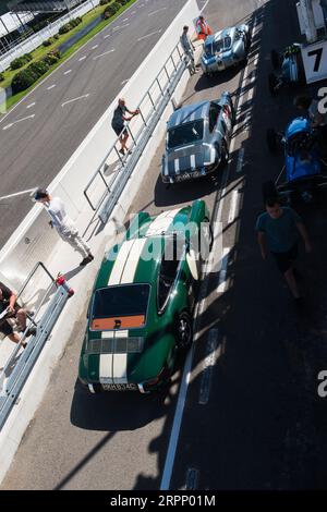 1960er Porsche 911er und ein Cobra in der Boxengasse bei einem Testtag für Revival auf der Goodwood Motor Racing Circuit, Chichester, West Sussex, UK Stockfoto