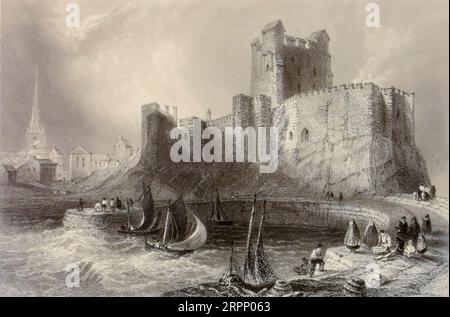 Carrickfergus Castle, County Antrim, Nordirland die Landschaft und Antiquitäten Irlands von Bartlett, W. H. (William Henry), 1809-1854, Illustrator.Band 1. London: G. Virtue 1842 William Henry Bartlett (26. März 1809 – 13. September 1854) war ein britischer Künstler, der vor allem für seine zahlreichen Zeichnungen in Stahlstichen bekannt war. Stockfoto