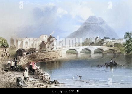 Ballina, County Mayo, The Scenery and Antiquities of Ireland von Bartlett, W. H. (William Henry), 1809-1854, Illustrator.Band 1. London: G. Virtue 1842 William Henry Bartlett (26. März 1809 – 13. September 1854) war ein britischer Künstler, der vor allem für seine zahlreichen Zeichnungen in Stahlstichen bekannt war. Stockfoto