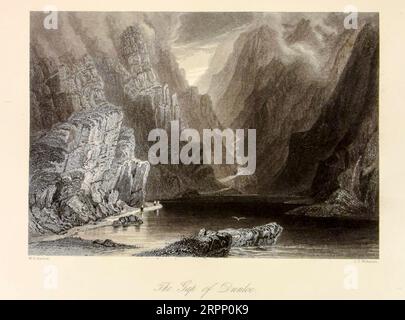GAP of Dunloe ist ein schmaler Gebirgspass, der im County Kerry, Irland, Nord-Süd verläuft und die MacGillycuddy’s Reeks Mountains im Westen von der Purple Mountain Group im Osten trennt. Es ist eines der beliebtesten Reiseziele von Kerry, wegen seiner Landschaft. Stahlstich aus den Landschaften und Antiquitäten Irlands von Bartlett, W. H. (William Henry), 1809-1854, Illustrator.Band 2. London: George Virtue 1842 William Henry Bartlett (26. März 1809 – 13. September 1854) war ein britischer Künstler, der vor allem für seine zahlreichen Zeichnungen in Stahlgravieren bekannt war Stockfoto