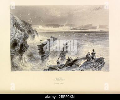 Kilkee, County Clare Steel Kupferstich aus den Landschaften und Antiquitäten Irlands von Bartlett, W. H. (William Henry), 1809-1854, Illustrator.Band 2. London: George Virtue 1842 William Henry Bartlett (26. März 1809 – 13. September 1854) war ein britischer Künstler, der vor allem für seine zahlreichen Zeichnungen bekannt war, die in Stahlstiche geritzt wurden. Stockfoto