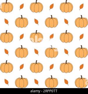 Vektor nahtloses Muster von farbigen Hand gezeichneten Skizze Kritzelkürbisse und Blätter isoliert auf weißem Hintergrund Stock Vektor
