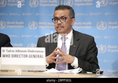 News Bilder des Tages 200310 -- GENF, 10. März 2020 -- WHO-Generaldirektor Tedros Adhanom Ghebreyesus spricht bei einem täglichen Briefing in Genf, Schweiz, am 9. März 2020. Der WHO-Chef sagte am Montag, dass das neuartige Coronavirus in so vielen Ländern Fuß gefasst hat und die Bedrohung durch eine Pandemie sehr real geworden ist. Foto von /Xinhua SWITZERLAND-GENEVA-WHO-COVID-19 PANDEMIC THREAT LixYe PUBLICATIONxNOTxINxCHN Stockfoto