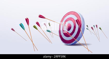 Viele Pfeile haben die Zielmarke verfehlt. Purposefulness-Konzept. Stock Vektor
