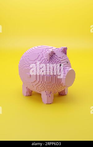 Piggy Bank Pixel Art-Stil isoliert auf gelbem Hintergrund. 3D-Abbildung. Stockfoto