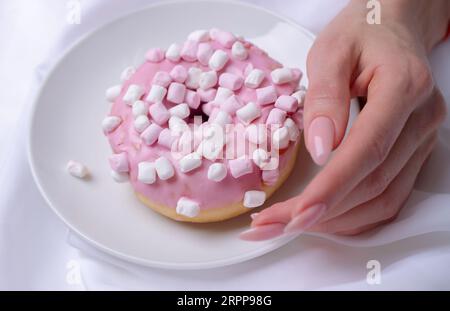 Pinkfarbener Donut und weibliche Hand mit Maniküre Stockfoto
