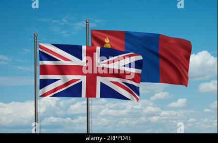 Mongolei und Vereinigtes Königreich, Großbritannien, britische Flagge, die im Wind am blauen Himmel zusammen winkt, zwei Länderkooperationskonzept Stockfoto