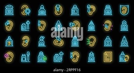 Ear Drops-Symbole legen den Konturvektor fest. Arztflasche. Die Medizin lässt Neonfarbe auf Schwarz fallen Stock Vektor