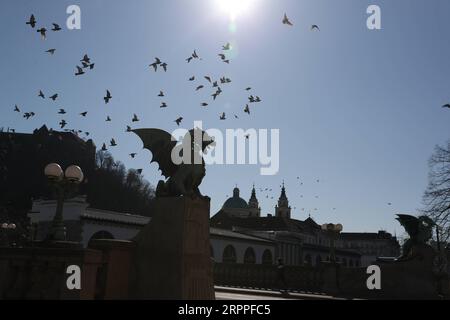 200317 -- LJUBLJANA, 17. März 2020 -- auf einer Brücke in Ljubljana, der Hauptstadt Sloweniens, am 16. März 2020 sind nur wenige Fußgänger zu sehen. Die Zahl der bestätigten COVID-19-Fälle in Slowenien stieg nach Angaben der Regierung vom Montag auf 253. Die Regierung beschloss, den öffentlichen Personennahverkehr ab Sonntagnachmittag auszusetzen und die bisherige Verordnung über die Schließung aller Bildungseinrichtungen auf unbestimmte Zeit zu verlängern. SLOWENIEN-LJUBLJANA-COVID-19 PengxLijun PUBLICATIONxNOTxINxCHN Stockfoto