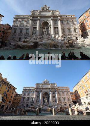 200317 -- ROM, 17. März 2020 -- Combo-Foto zeigt den Trevi-Brunnen am 6. März 2020 oben und am 16. März 2020 in Rom, Italien. Italien hat am 31. Januar aufgrund der Coronavirus-Pandemie den sechsmonatigen Notstand ausgerufen. Und seit dem 10. März bis zum 3. April wurde eine landesweite Sperrung verhängt, um die Ausbreitung des Virus einzudämmen. ITALIEN-ROM-COVID-19-STADTANSICHT ChengxTingting PUBLICATIONxNOTxINxCHN Stockfoto