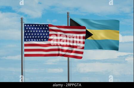 Die Flagge der Bahamas und der USA winkt im Wind am blauen Himmel zusammen, ein Konzept der Zusammenarbeit zwischen zwei Ländern Stockfoto