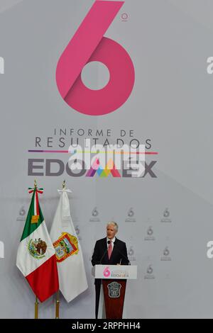 Toluca, Mexiko. September 2023. 4. September 2023 Toluca, Mexiko: Alfredo del Mazo Maza, Gouverneur des mexikanischen Staates während seines sechsten und letzten Regierungsberichts im Regierungspalast des mexikanischen Staates. Am 4. September 2023 in Toluca, Mexiko. (Foto: Arturo Hernández/Eyepix Group/SIPA USA) Credit: SIPA USA/Alamy Live News Stockfoto