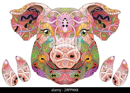 Head of Pig zentangle mit Hufen für T-Shirt-Design, Tätowierung und andere Dekorationen Stock Vektor