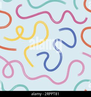 Von Hand gezeichnetes nahtloses Muster aus kindlichem Labyrinth. Farbpinselstriche, Kritzeleien, Wellen im Partystil. Stock Vektor