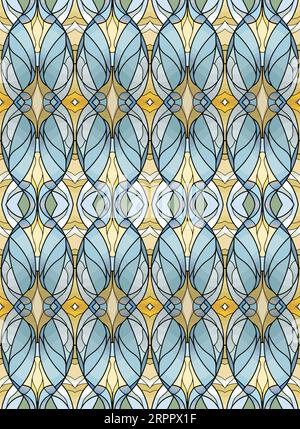 Nahtloser, sich wiederholender, im Jugendstil geblümter ovaler Hintergrund in Braun, Blau, Gelb und Grün. Stock Vektor