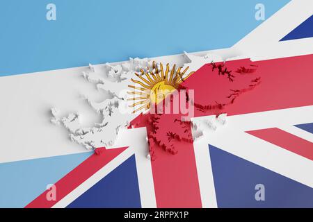 Karte der Falklandinseln in drei Dimensionen mit den Farben der argentinischen und britischen Flagge. 3D-Abbildung. Stockfoto