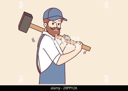 Bärtiger Mann mit Hammer arbeitet in der Autowerkstatt oder auf der Baustelle, in Overalls mit Kappe gekleidet. Brutaler Arbeiter, der Hammer hält, um altes Haus zu zerstören und ein modernes Herrenhaus zu bauen Stock Vektor