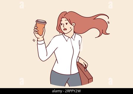 Die späte Büroangestellte läuft mit Kaffee in den Händen, um pünktlich zum Firmengespräch mit dem Chef zu sein. Ein spätes Mädchen mit Glas und Geschäftsaktenkoffer versucht, den abfahrenden Bus aufzuholen Stock Vektor